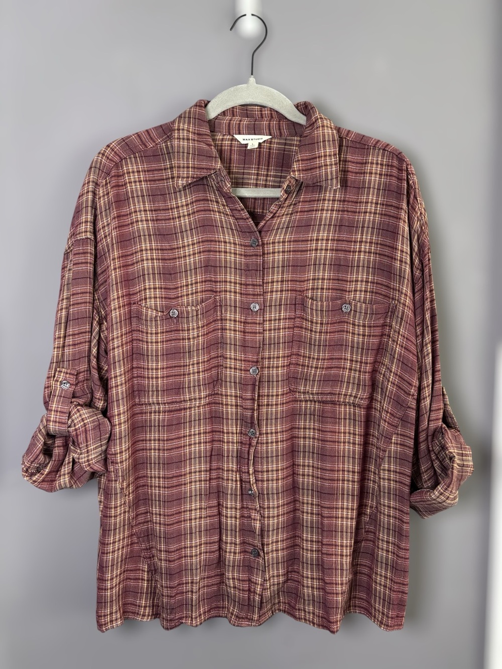 Max Studio Burgundy Plaid Roll Tab Sleeve Button Down Shirt Large